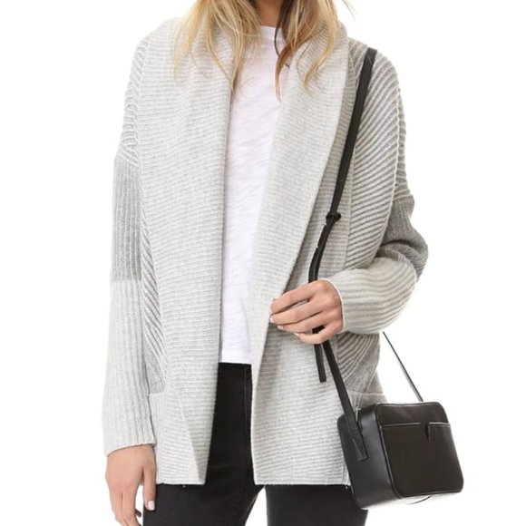 NWT Vince Women's Cashmere Wool Colorblock Rib Circle Cardigan | Grey White S - Picture 1 of 9